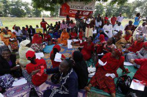 Protesters gather during a sit-in protest in support of the release of the abducted Chibok schoolgirls at the Unity Fountain in Abuja